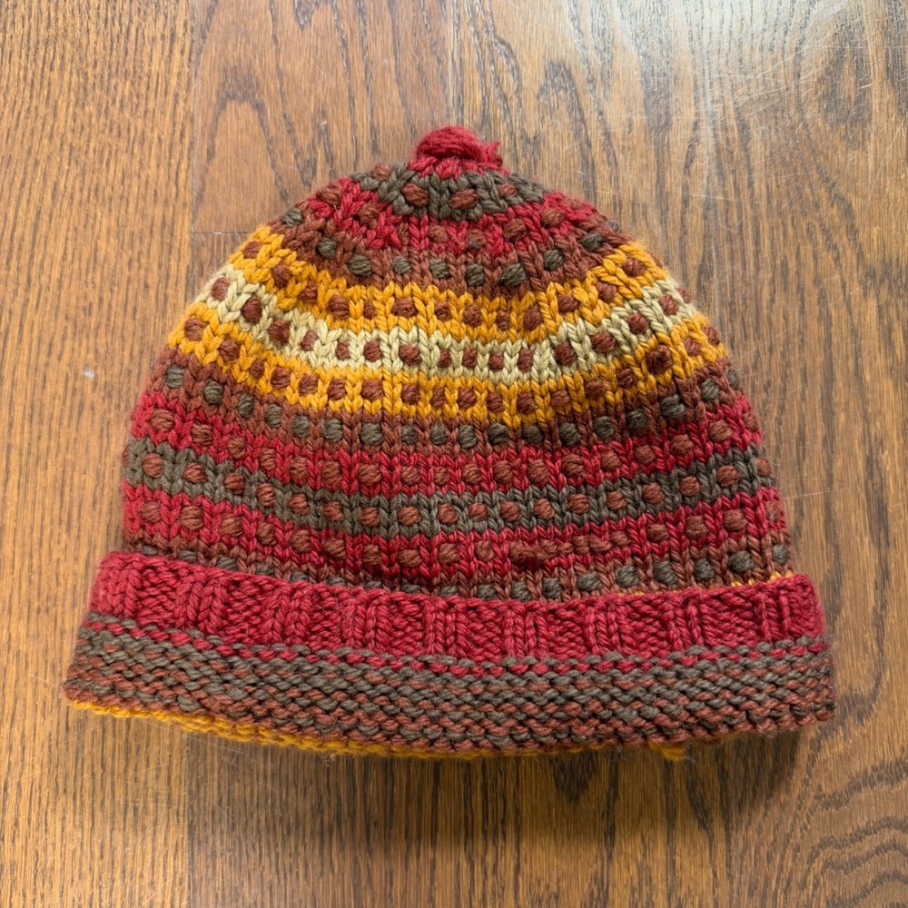 Pashin Handmade Nepal 100% Wool Beanie Hat Striped Chunky Knit Red Yellow Brown